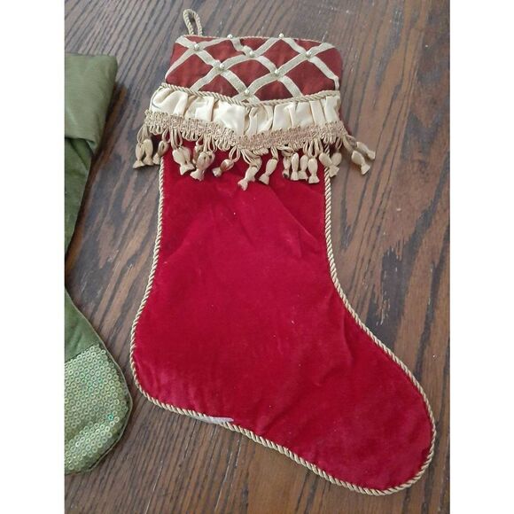 Lot 2 Fancy Christmas Holiday Stockings Red Gold Green - Picture 2 of 8